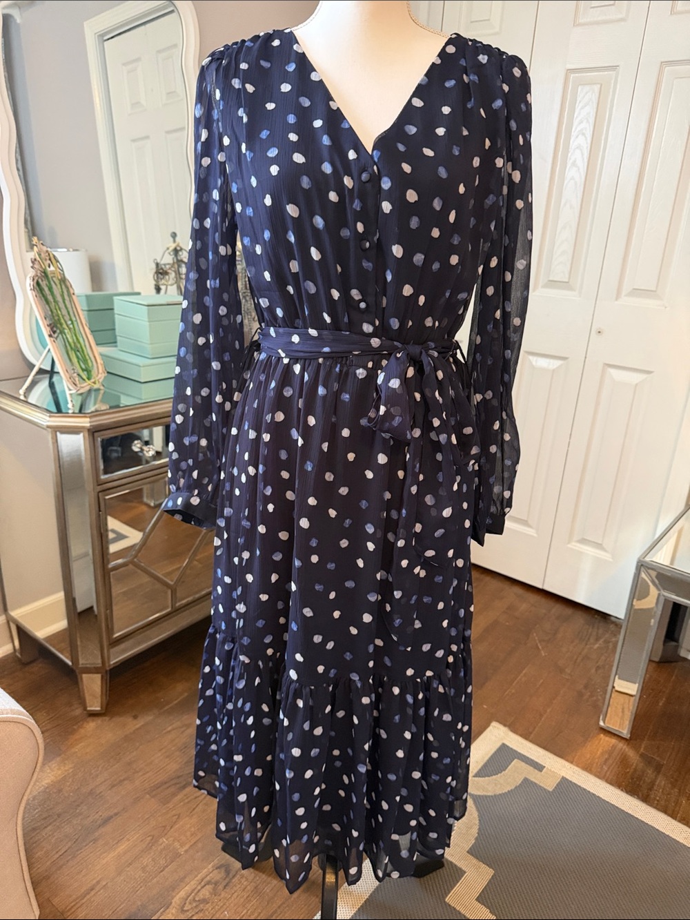 DKNY Donna Karan Navy Polka Dot Long Sleeve Elastic-Waist SelfTie Midi Dress 12